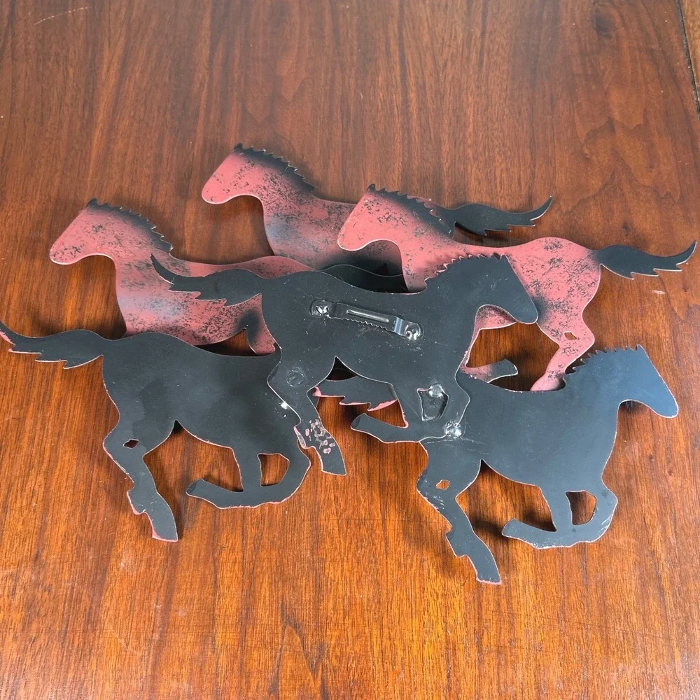Horses Rustic Metal Galloping Wall Art 3D Layers Red Black Western Decor Pair #2